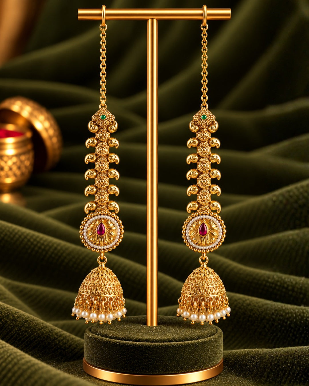 22K Micron Gold Plated Jadau Traditional Jhumka with Earchain