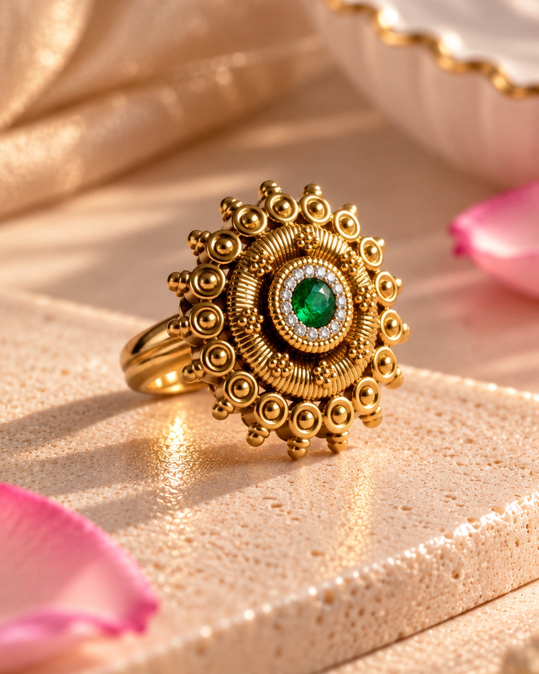 Gold Plated Emerald & AD Studded Floral Ring