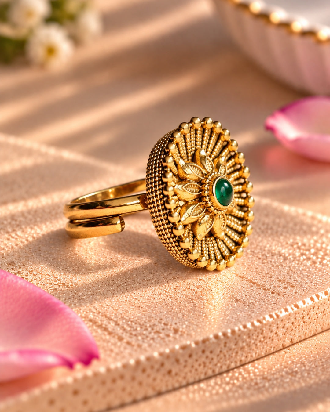 Floral Designed gold plated Round Emerald studded ring