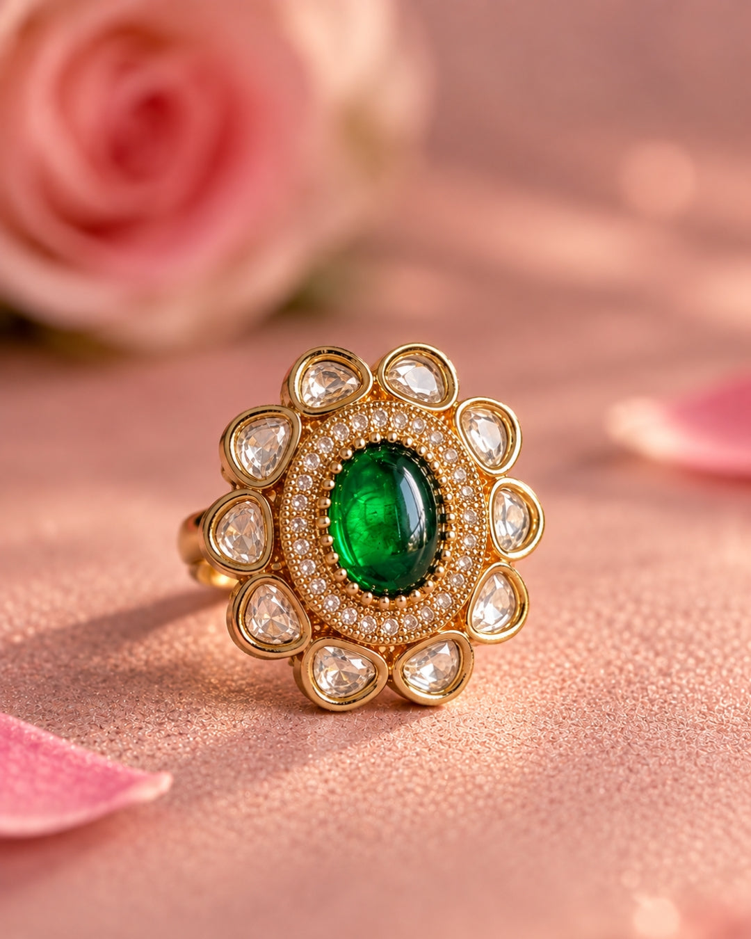 Oval Kundan Gold-Plated Green Stone & AD Ring