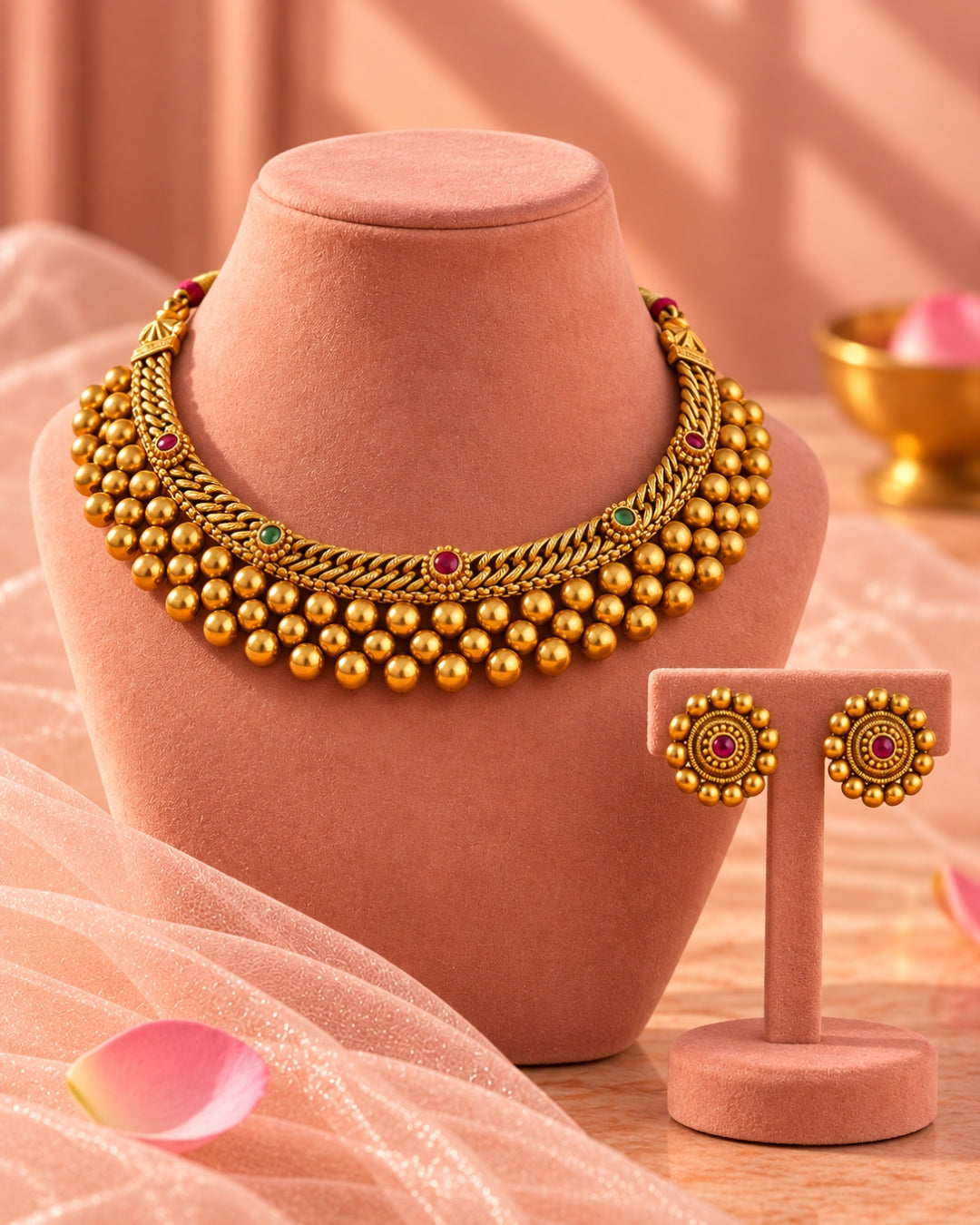 Gold Plated Round Artificial Beaded Stone Studded Necklace Set