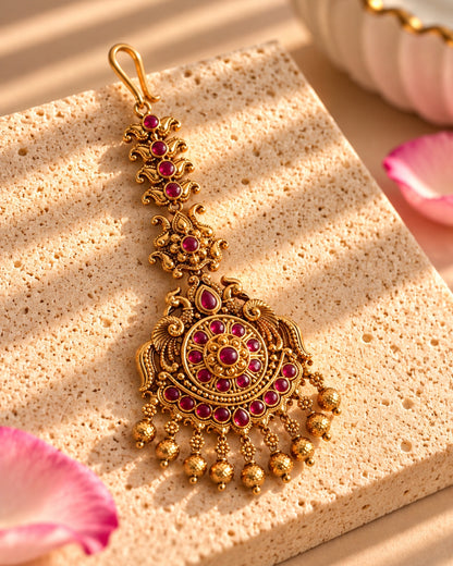Gold-Plated Handcrafted Golden Beaded Embellished Maang Tikka