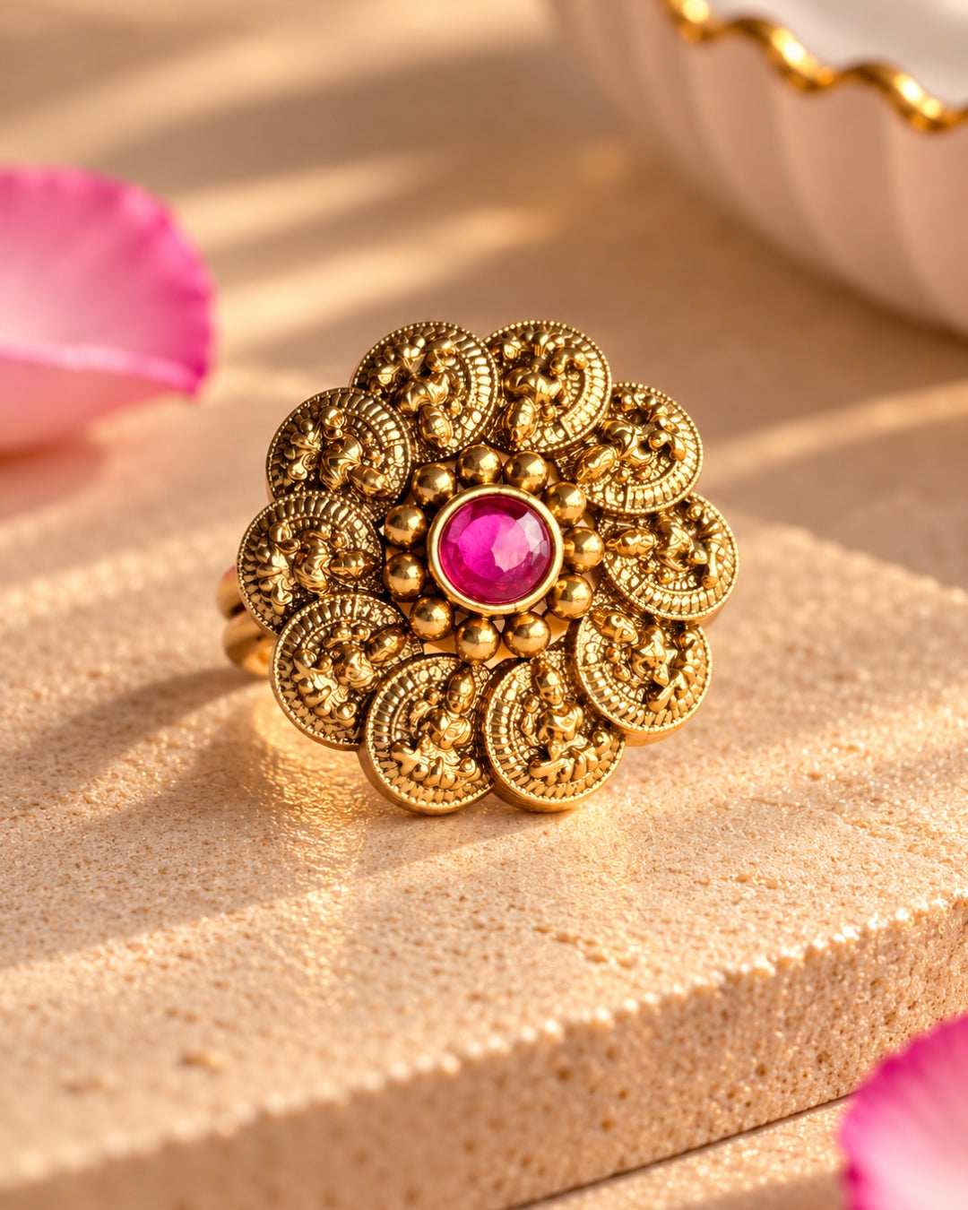 Temple Gold Plated Ruby Laxmi Coin Adjustable Ring