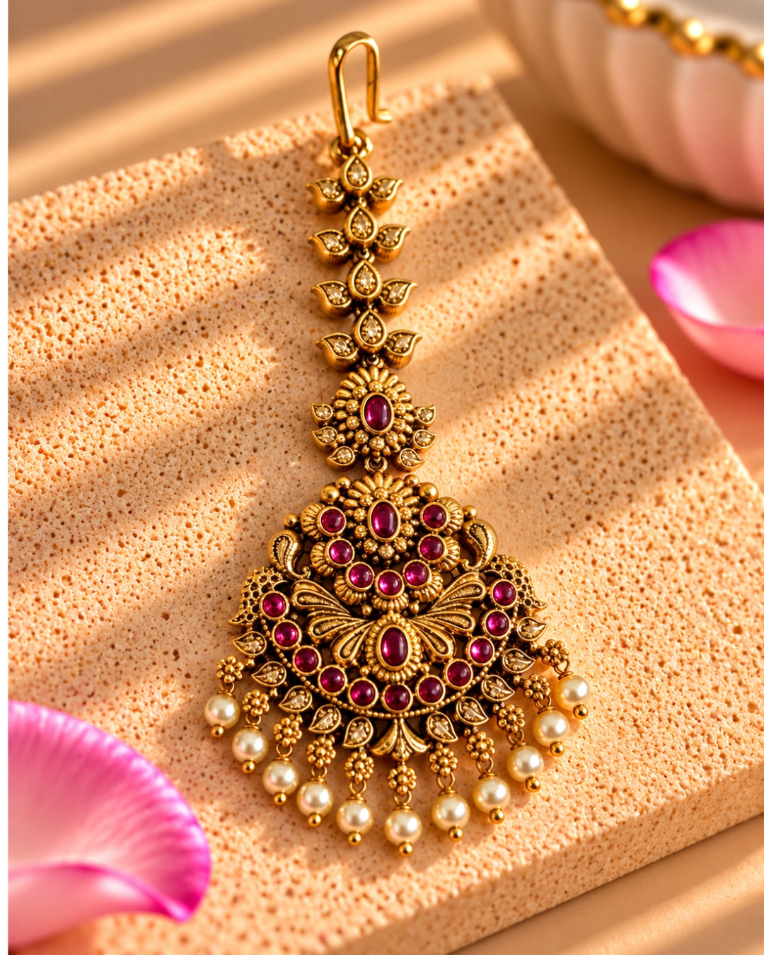 Red Stone Studded & Off-White Beaded Maang Tikka