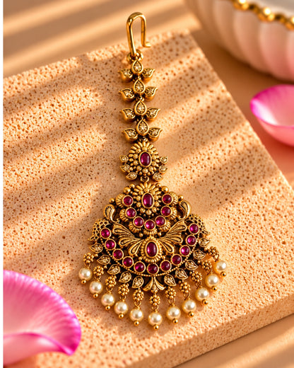 Red Stone Studded & Off-White Beaded Maang Tikka