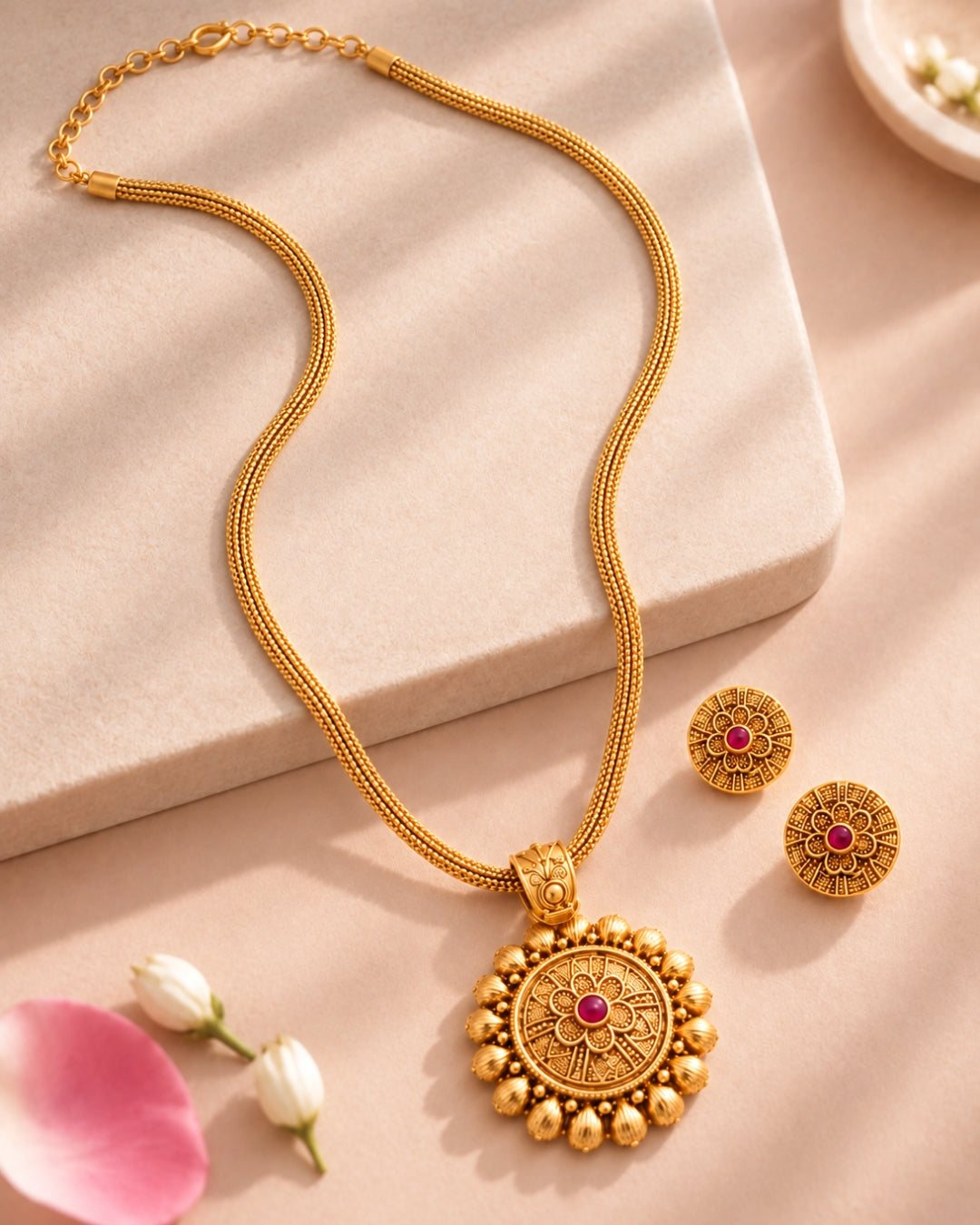 Round Gold-Plated Ruby Floral Pendant Necklace Set
