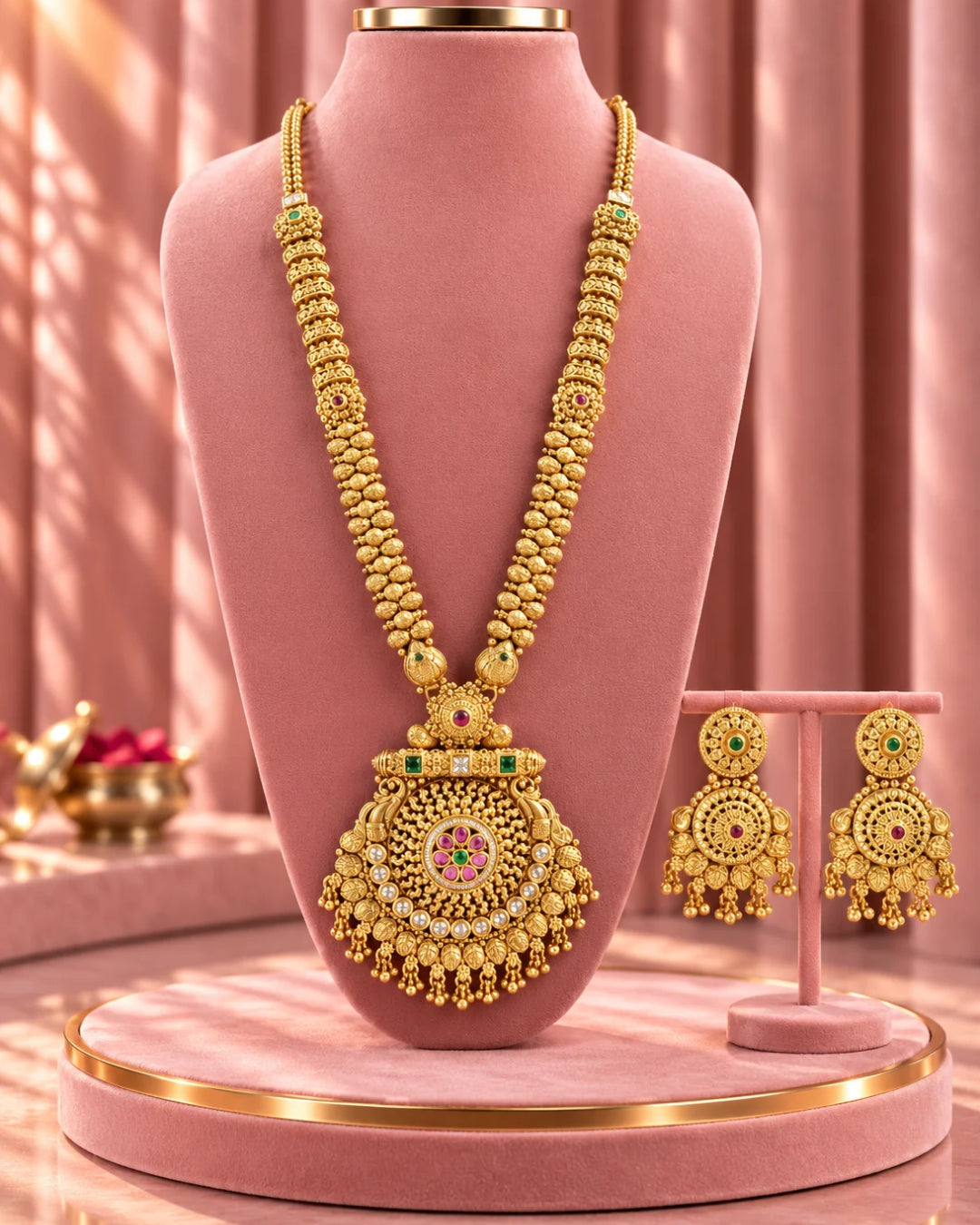 Traditional 22K Micron Gold Plated Long Heritage Necklace Set with Heavy Circular Pendant