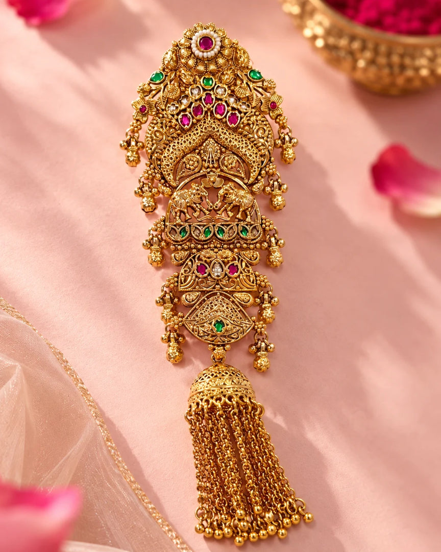 22K Micron Gold Plated Multicolour Stone Studded & Beaded Hair Accessory with Jhumka Drop