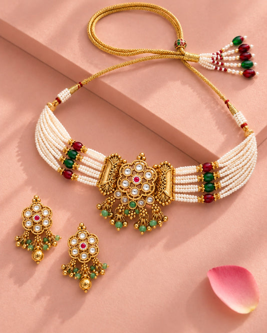 Floral Gold-Plated Pendant with Multicolour Beaded Choker Set