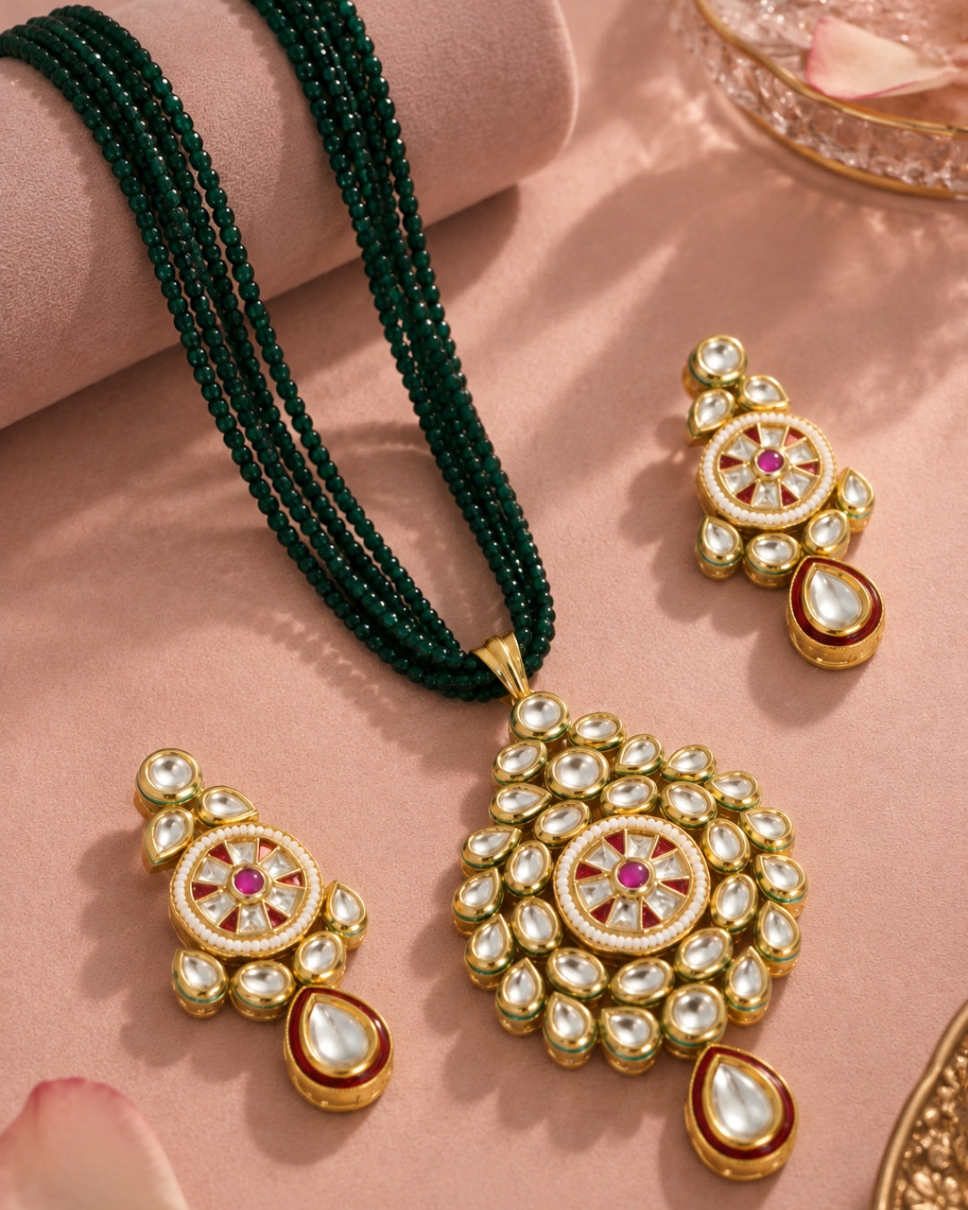 Gold-Plated Teardrop Kundan Multilayer Green Beaded Necklace Set