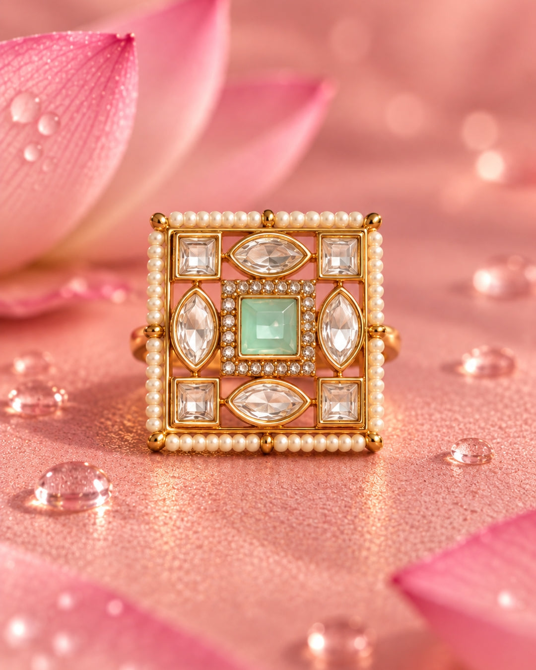 Square Gold Plated Kundan Mint Green & AD Pearl Ring