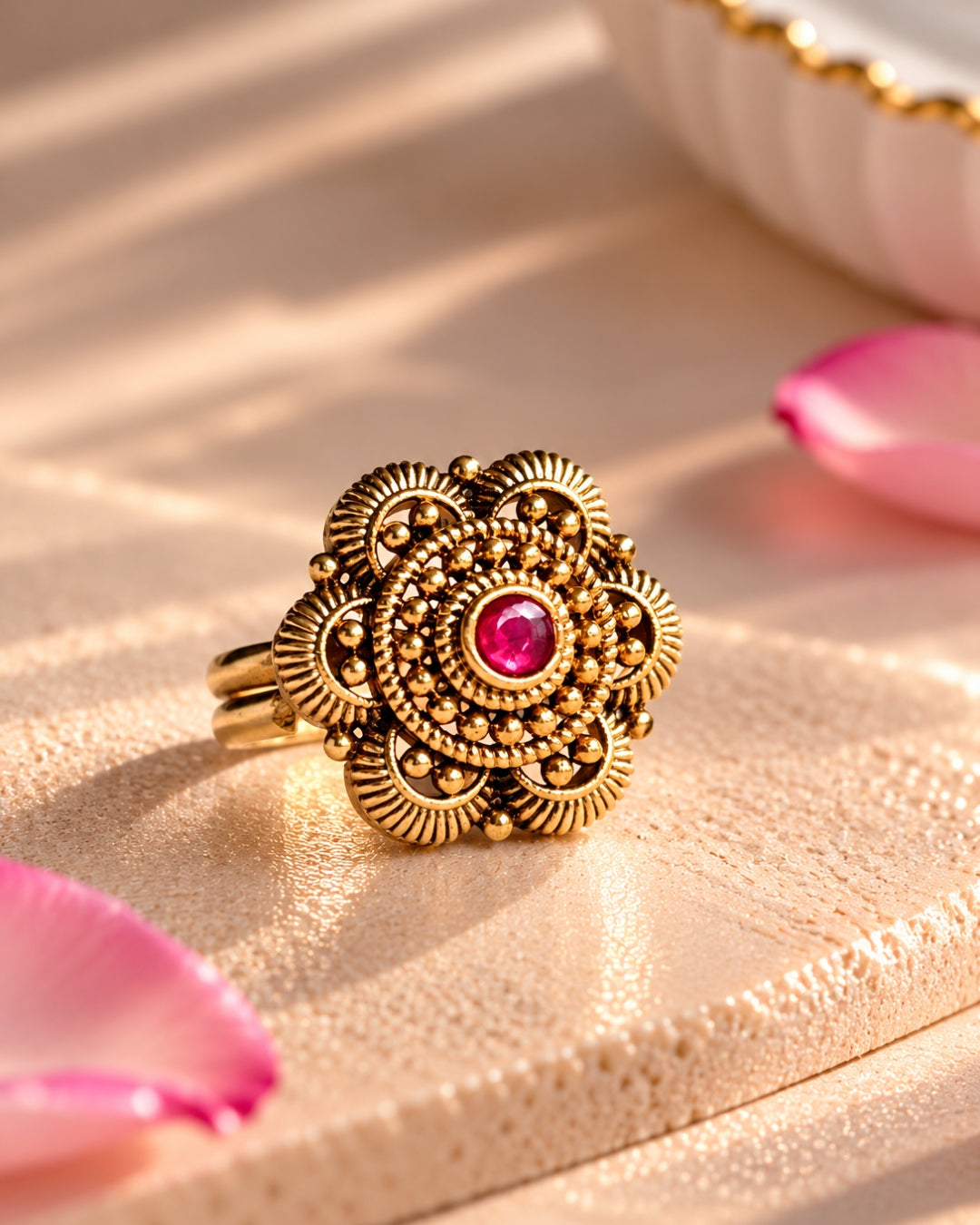 Antique Gold Plated Ruby Floral Carved Adjustable Ring