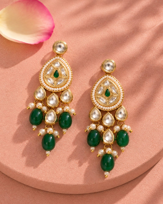 Gold Plated Kundan Teardrop Earrings with Green Beads
