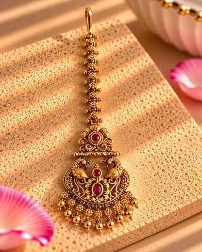 Peacock Design Golden Beaded Stone Maang Tikka