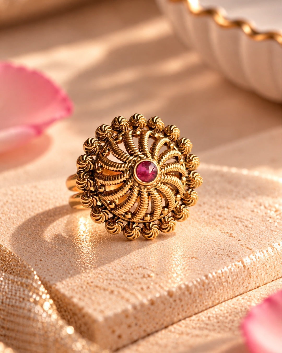 Gold Plated Ruby Studded Adjustable Ring