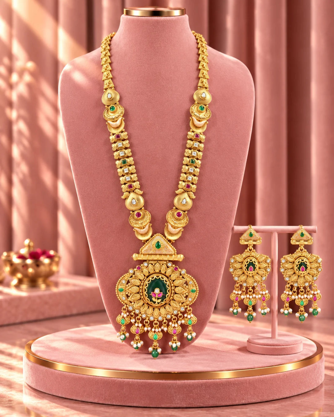 Traditional 22K Micron Gold Plated Long Heritage Necklace Set with Bold Large Pendant