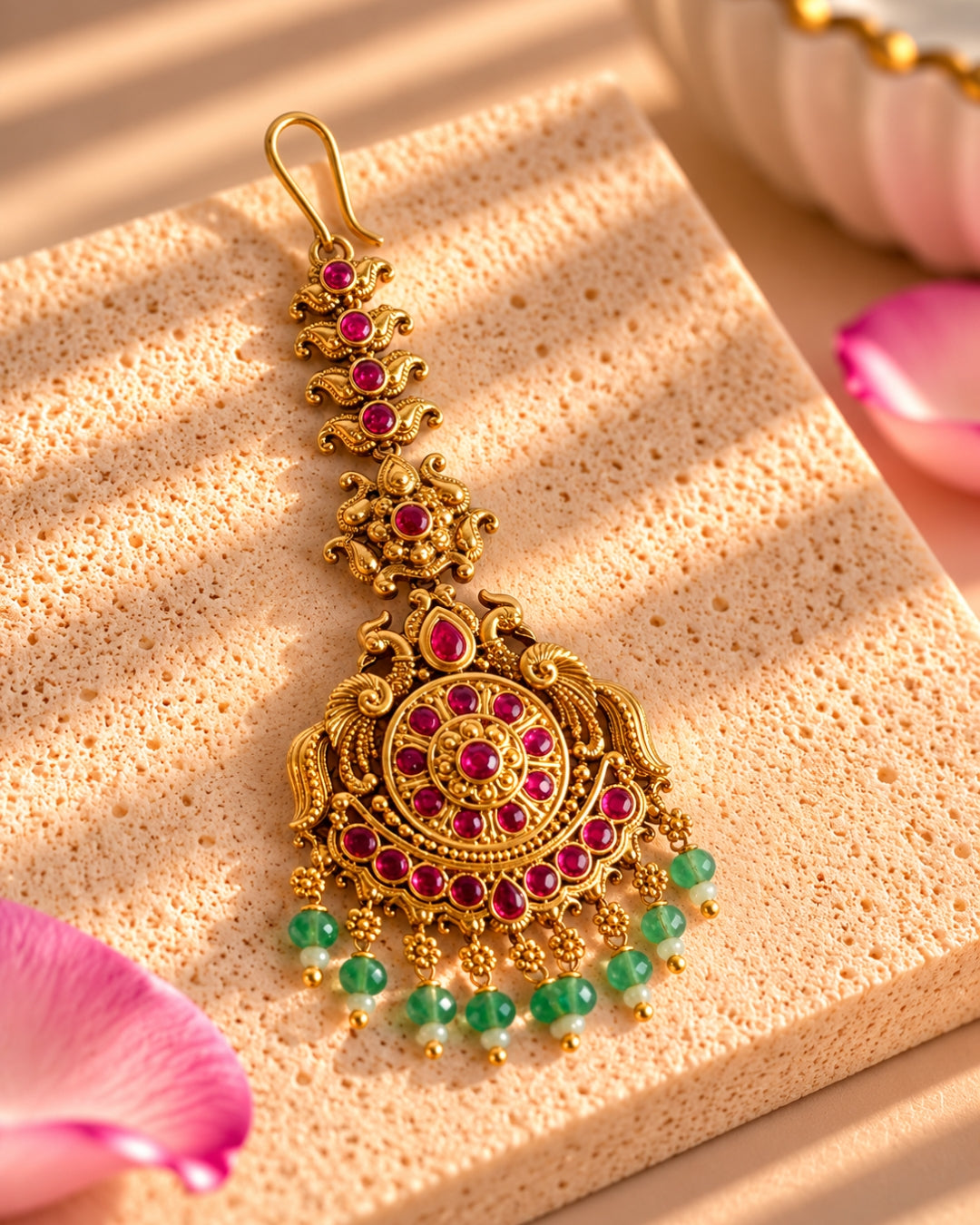 Traditional Gold-Plated Green Beaded & Red Stone Maang Tikka