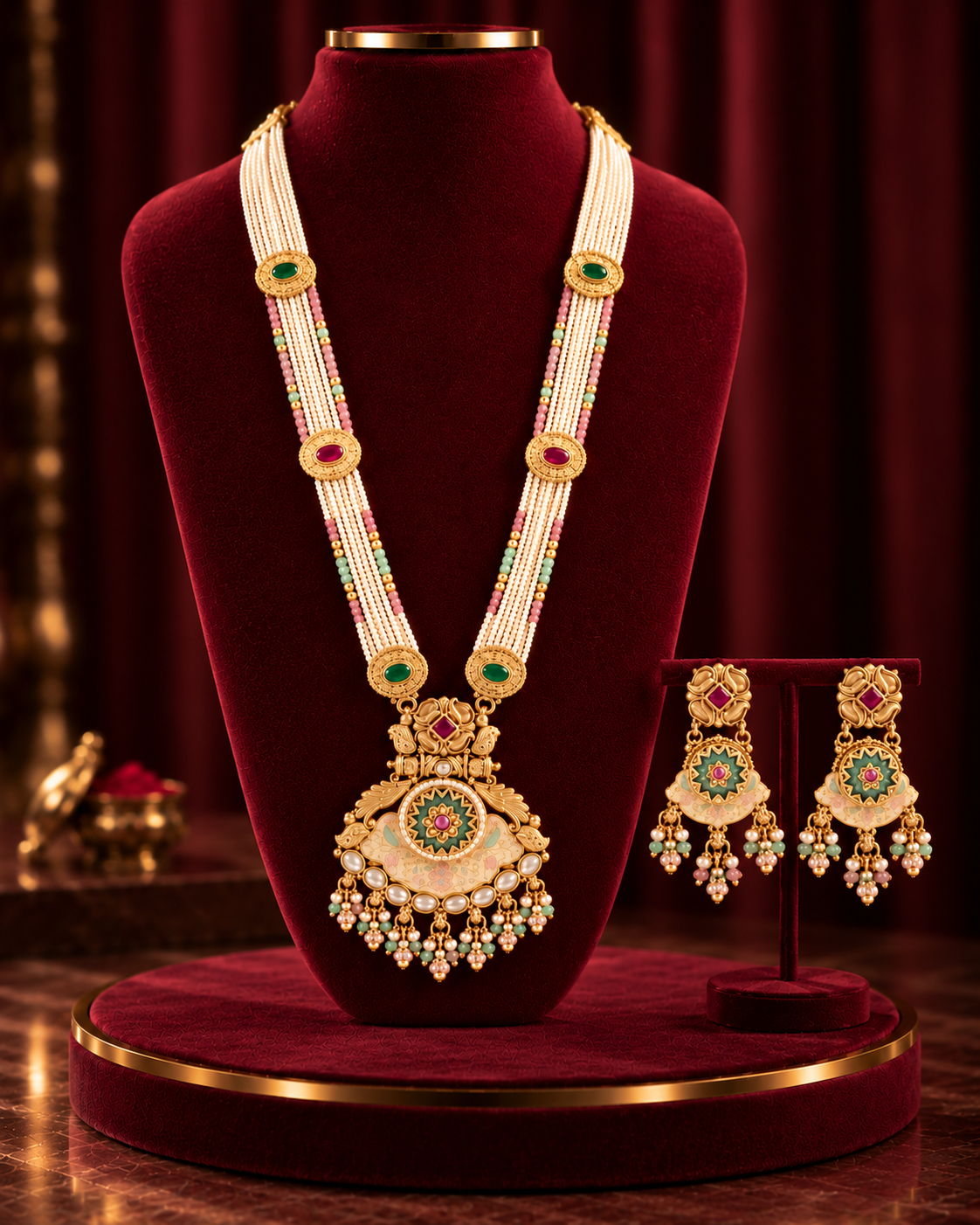 Traditional 22k Micron Gold Plated Long Heritage Jadau Necklace Set with Pearl Detailing