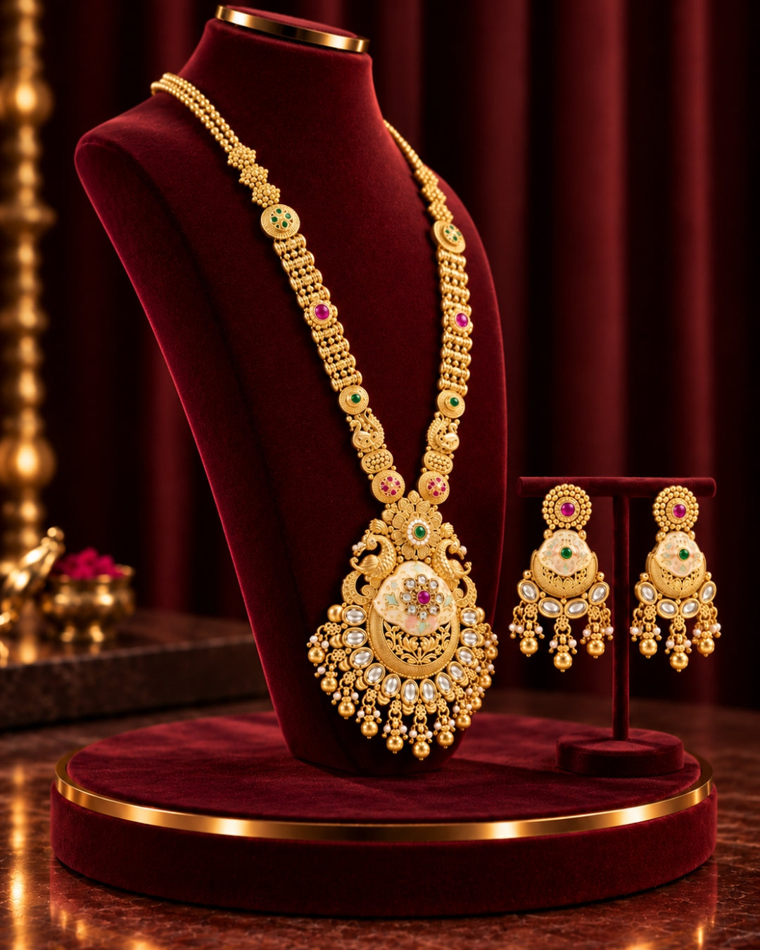 Traditional 22K Micron Gold Plated Long Heritage Necklace Set with Peacock Filigree
