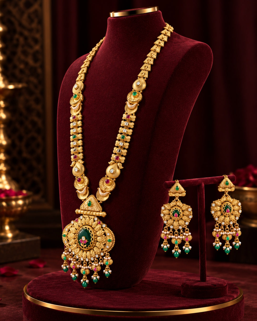 Traditional 22K Micron Gold Plated Long Heritage Necklace Set with Bold Large Pendant