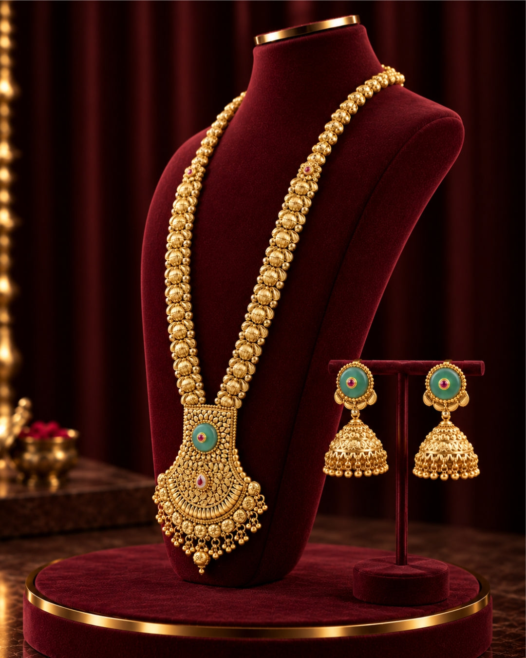 Traditional 22K Micron Gold Plated Long Heritage Necklace Set with Bold Mint Stone Pendant