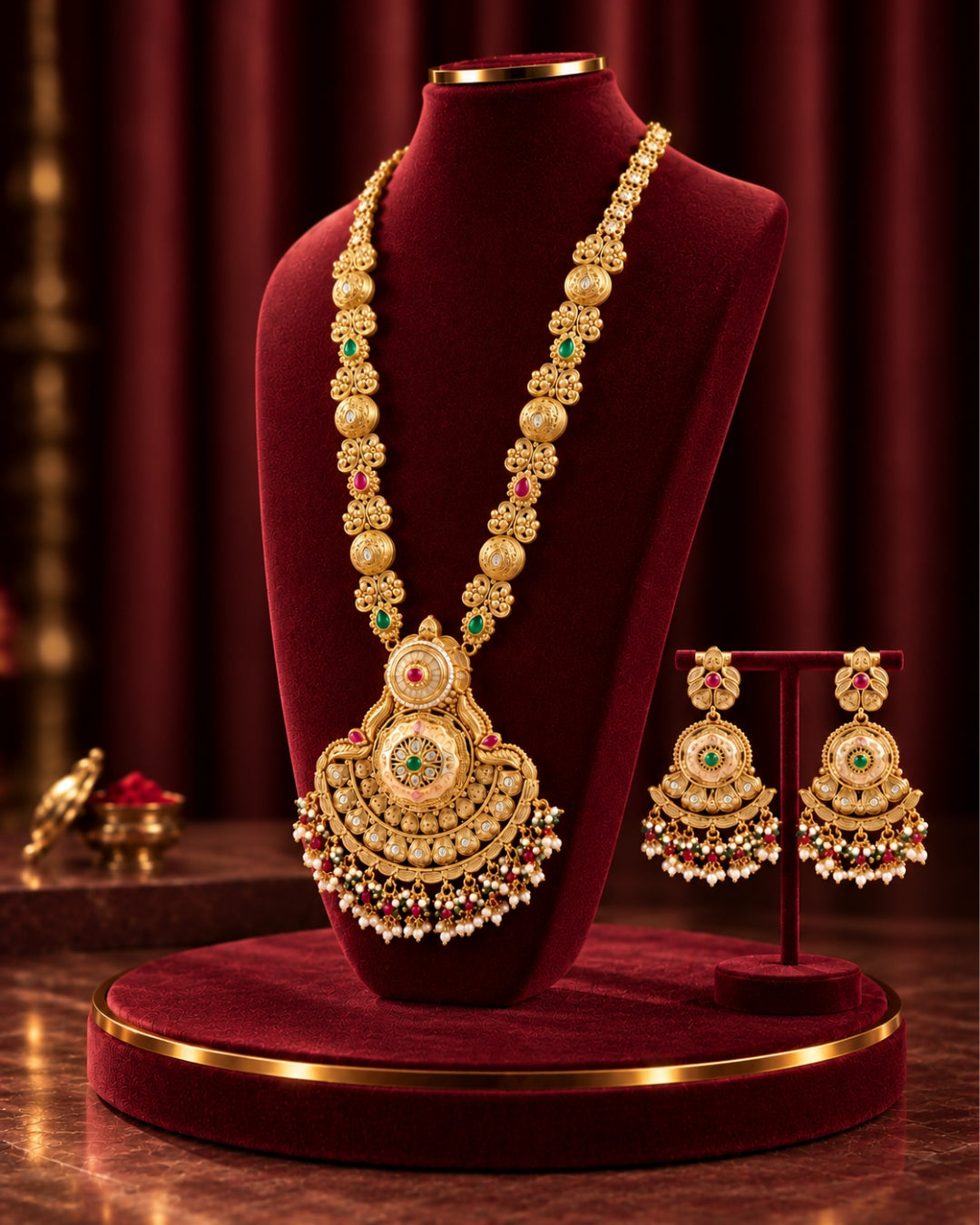 Traditional 22K Micron Gold Plated Long Heritage Necklace Set with Heavy detailing Large Pendant
