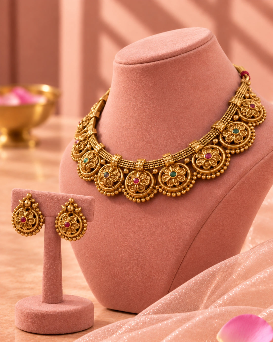 Gold-Plated Round Floral Necklace & Earrings Set
