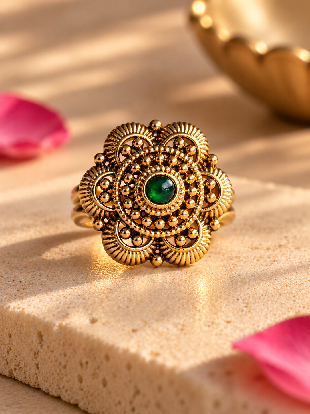 Antique Gold Plated Emerald Floral Carved Adjustable Ring