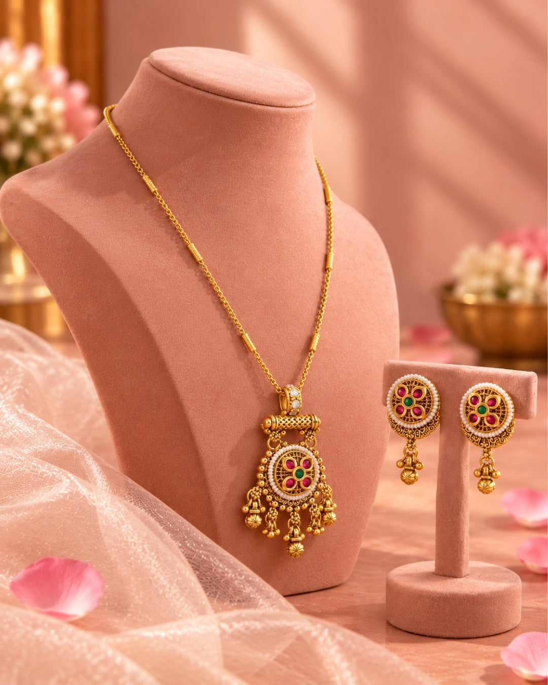 Bar Snake Chain Round Pendant Pearl & Beaded Necklace Set