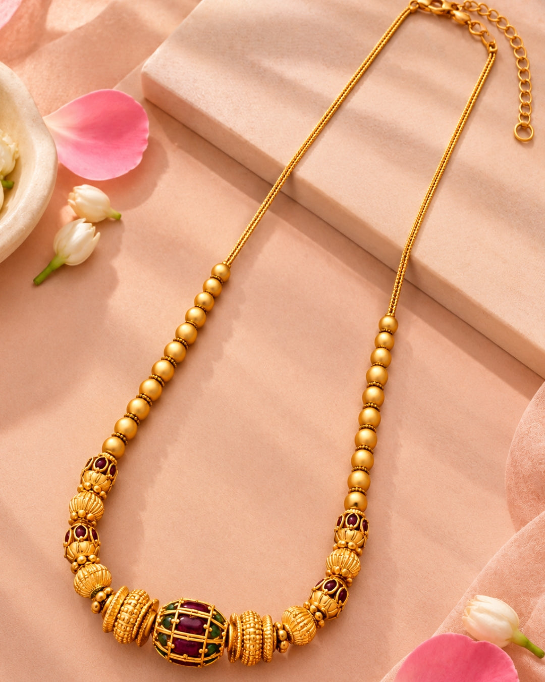 Traditional Gold Ball Red Stone Gold-Plated Necklace