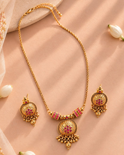 Gold Round Pink Stone & Beaded Pendant Necklace Set