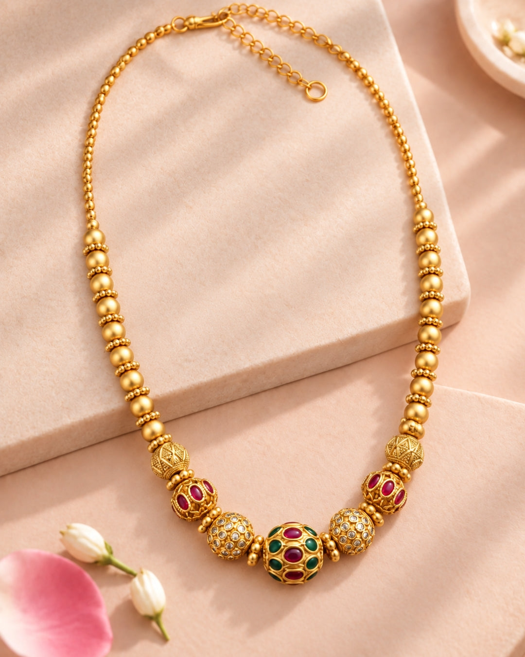 Circular Beaded AD & Stone Chain Necklace