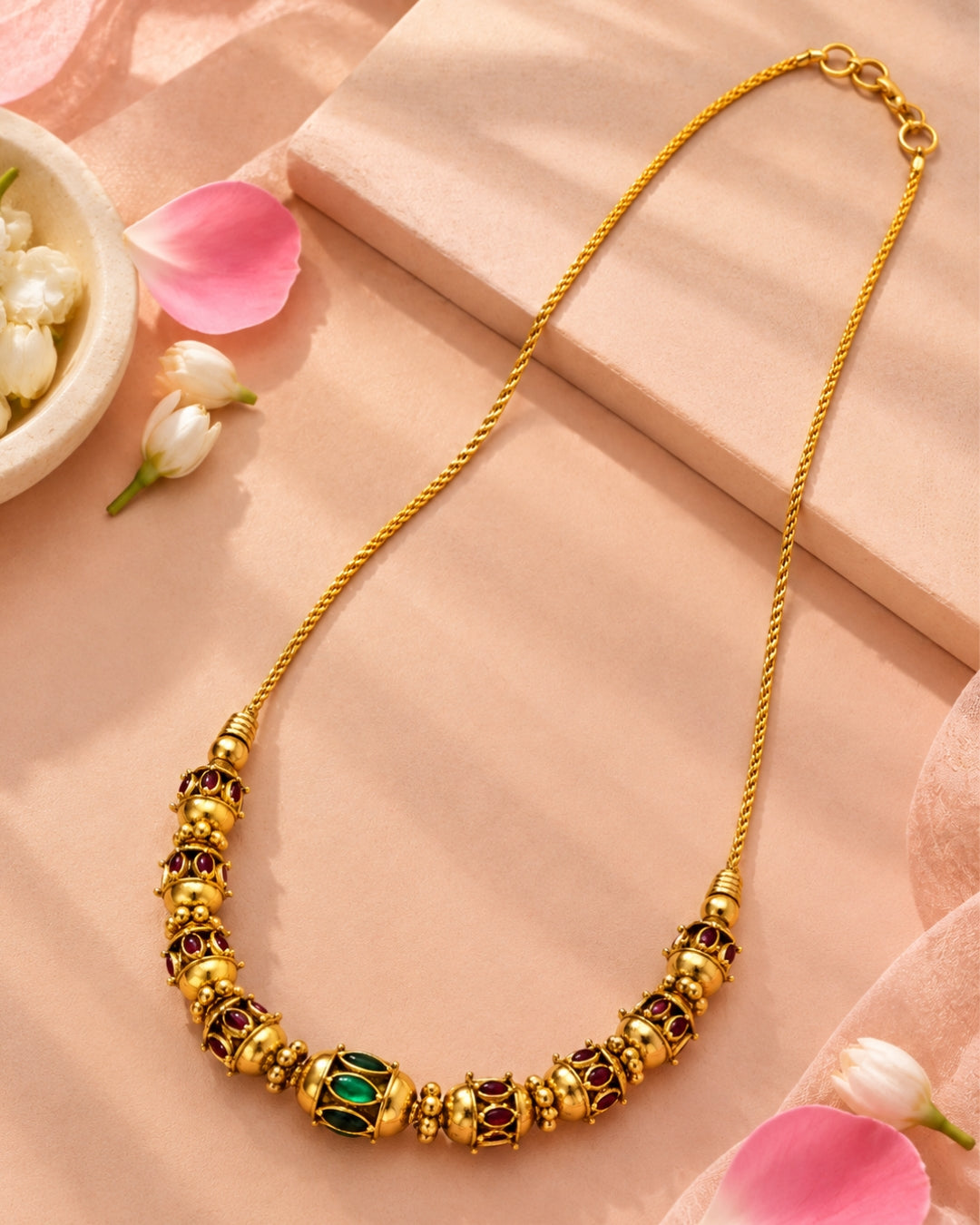 Oval Gold Beaded Red & Green Stone Chain Necklace