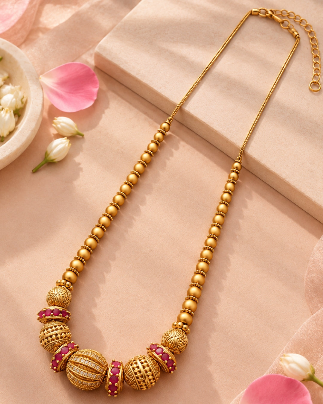 Pink Stone & AD Gold-Plated Beaded Necklace