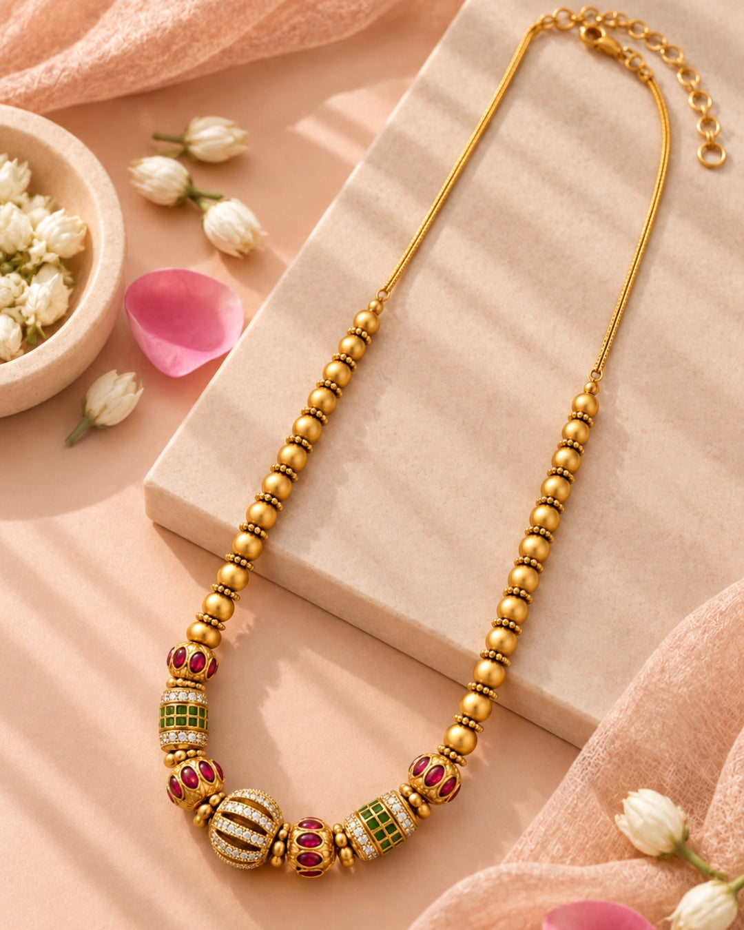 Oval Gold-Plated Beaded Multicolour Stone AD Chain Necklace