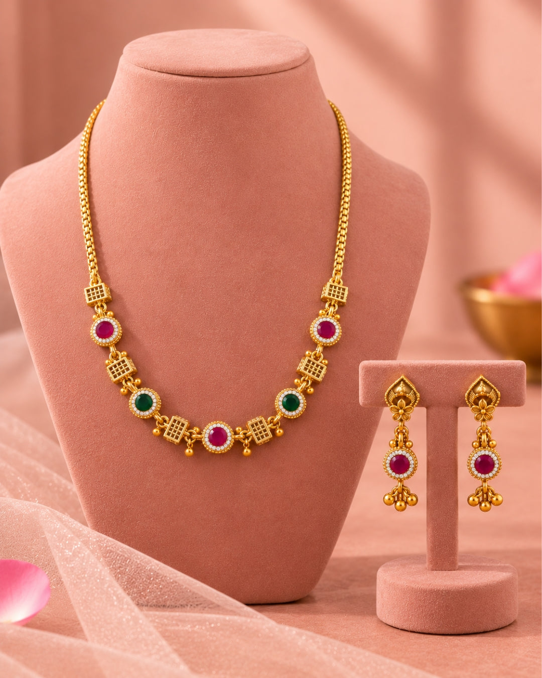 Round AD, Red & Green Stone Chain Necklace Set