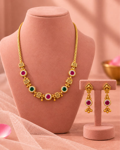 Round AD, Red & Green Stone Chain Necklace Set