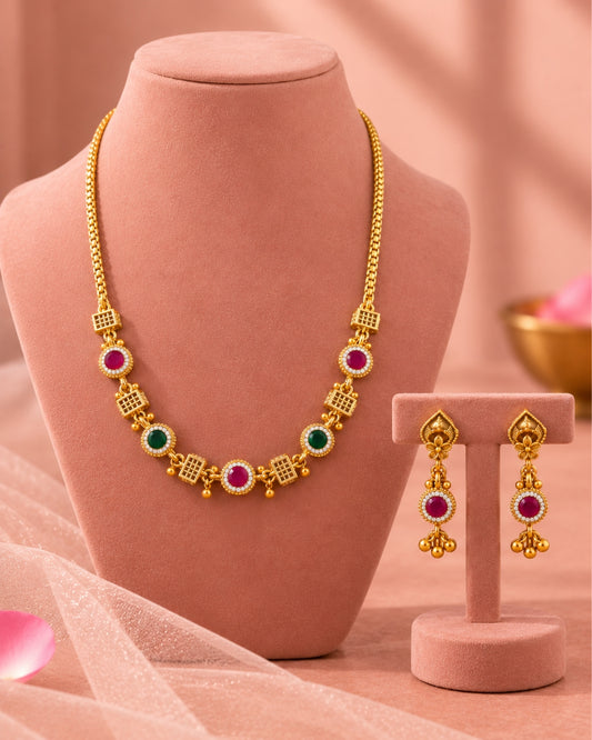 Round AD, Red & Green Stone Chain Necklace Set