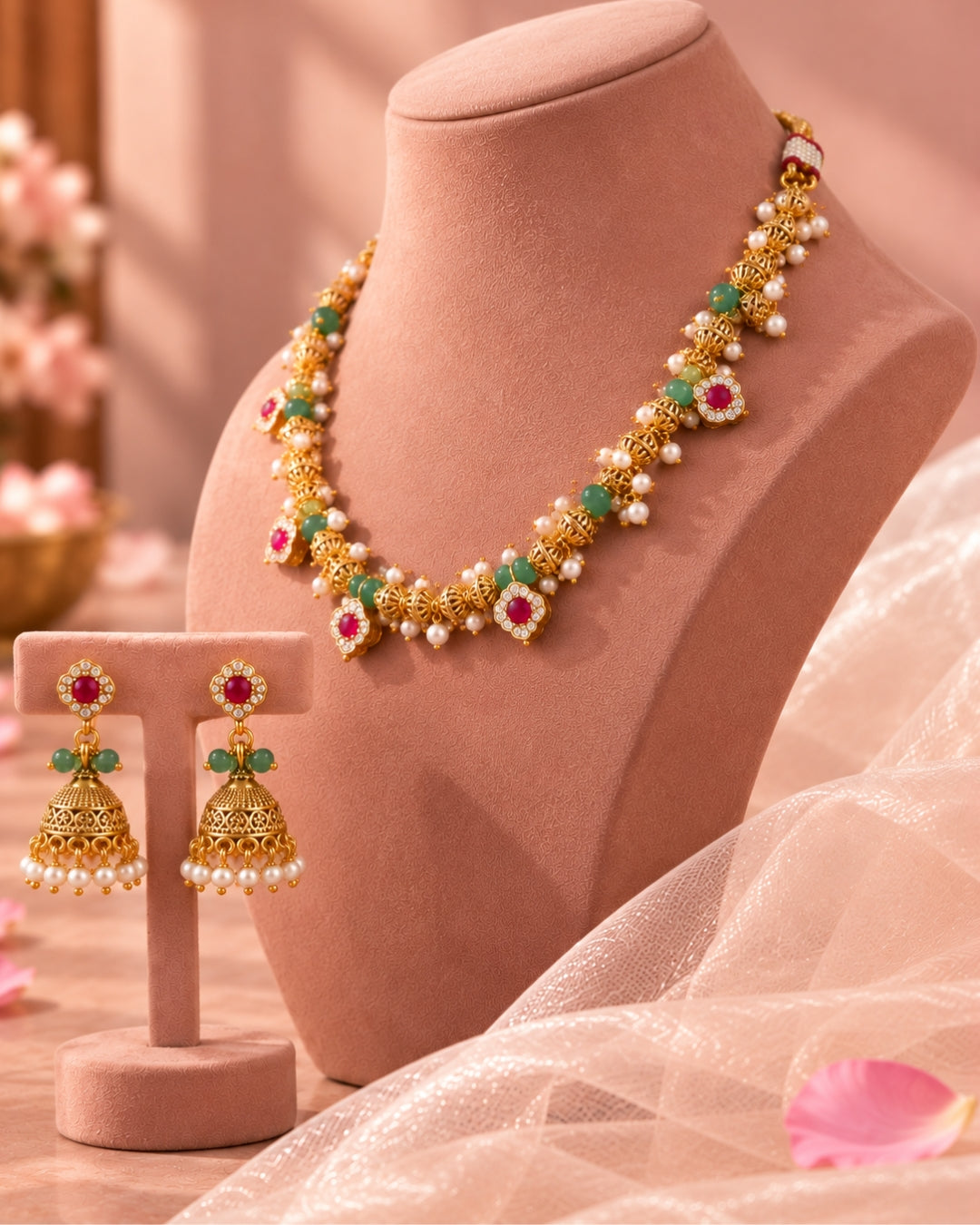 Golden & Mint Green Beaded AD & Ruby studded necklace set with Jhumka