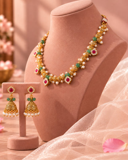 Golden & Mint Green Beaded AD & Ruby studded necklace set with Jhumka