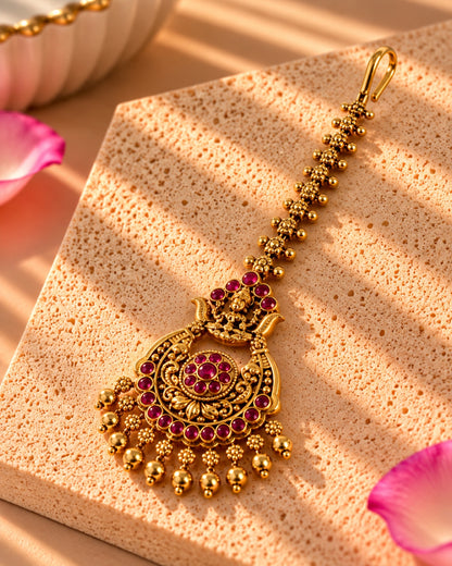 Temple Gold plated Red stone Maang Tikka