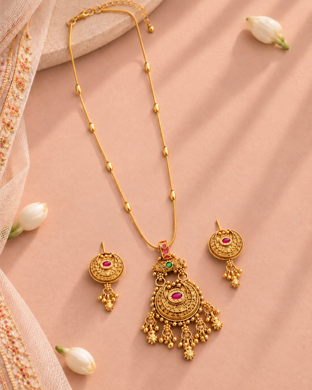 Gold-Plated Moon-Shaped Pink Stone Pendant Necklace Set