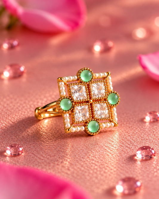 Square Kundan & Mint Green Pearl Studded Ring