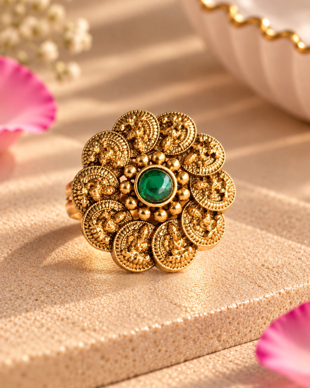 Temple Gold Plated Emerald Laxmi Coin Adjustable Ring