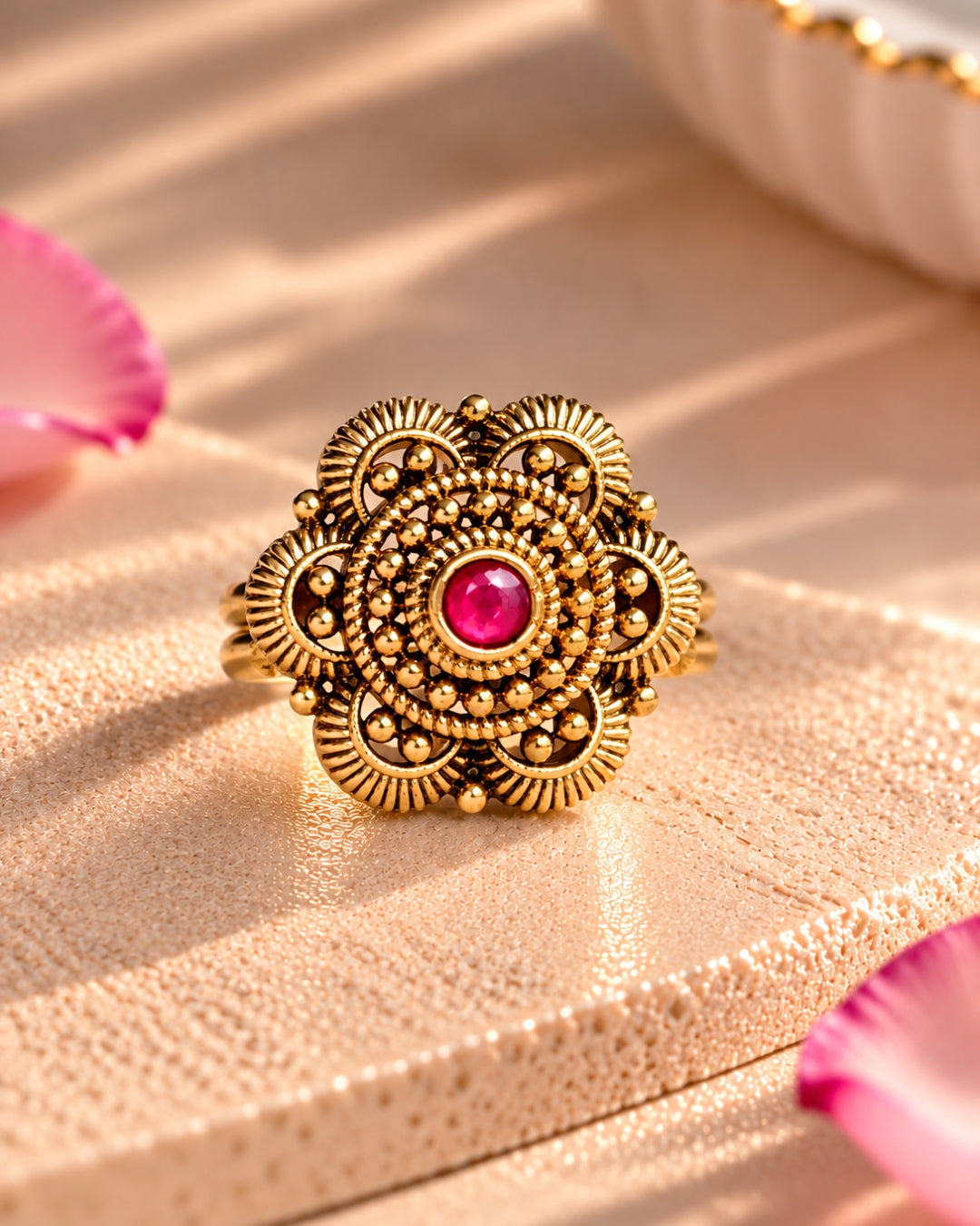 Antique Gold Plated Ruby Floral Carved Adjustable Ring