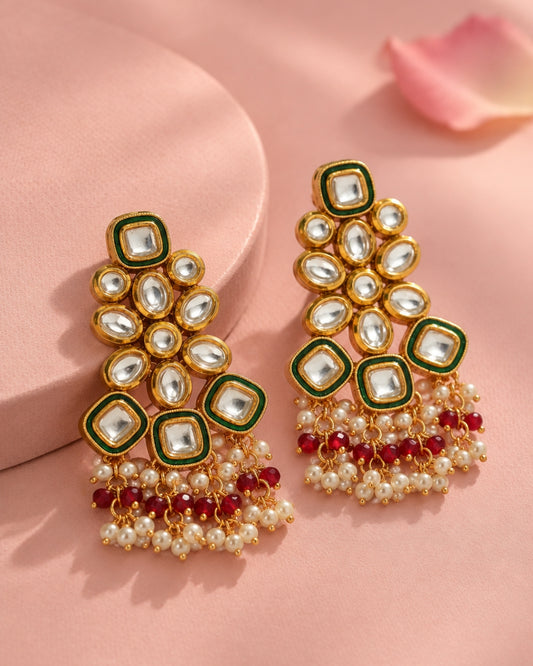 Floral Kundan Studded Drop Earrings with Beads