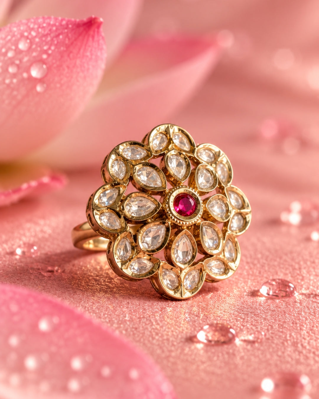Floral Kundan Studded Gold-Plated Red Stone Ring