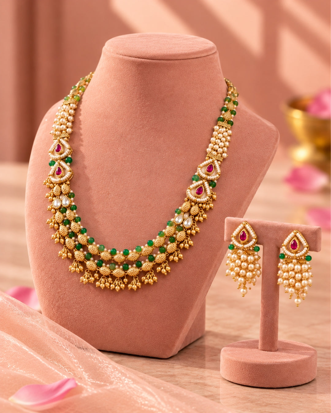Jadau Gold Emerald and Ruby Traditional Necklace Set