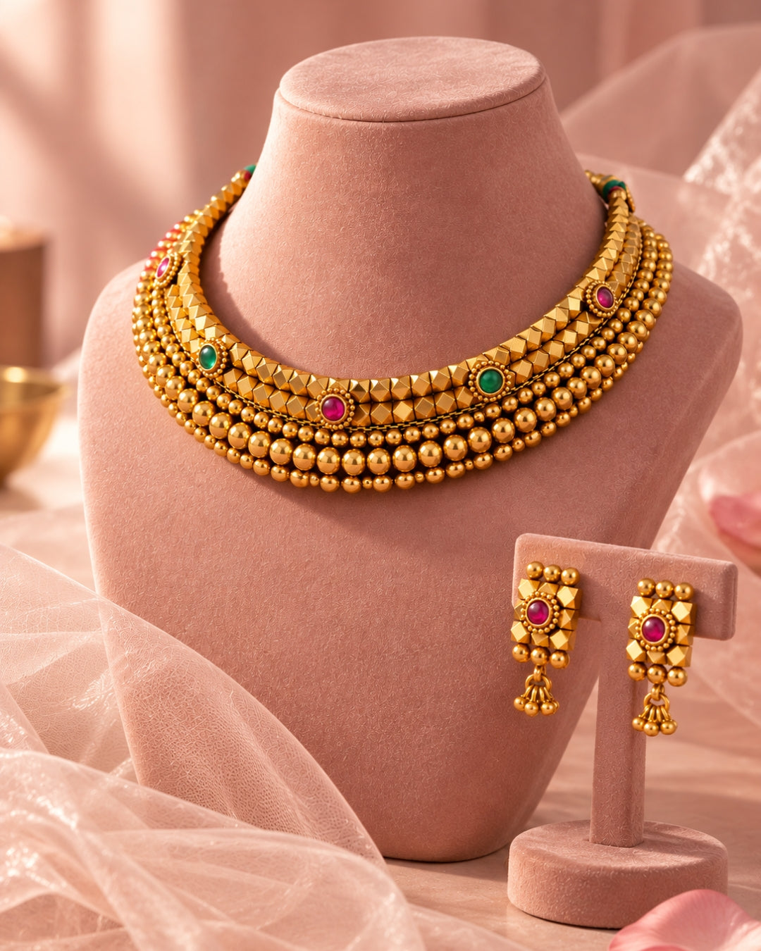 Pink & Green Stone Studded Gold Beaded Choker Set