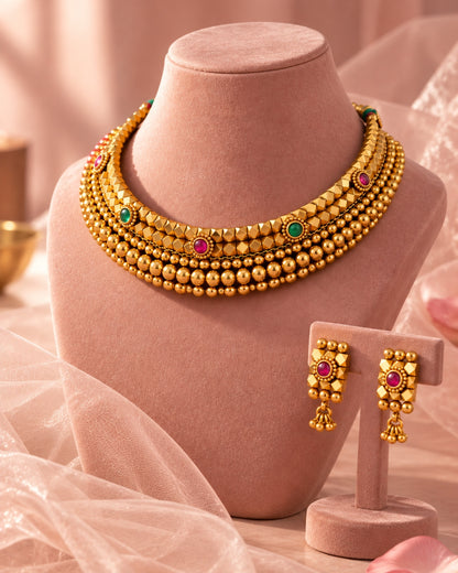 Pink & Green Stone Studded Gold Beaded Choker Set